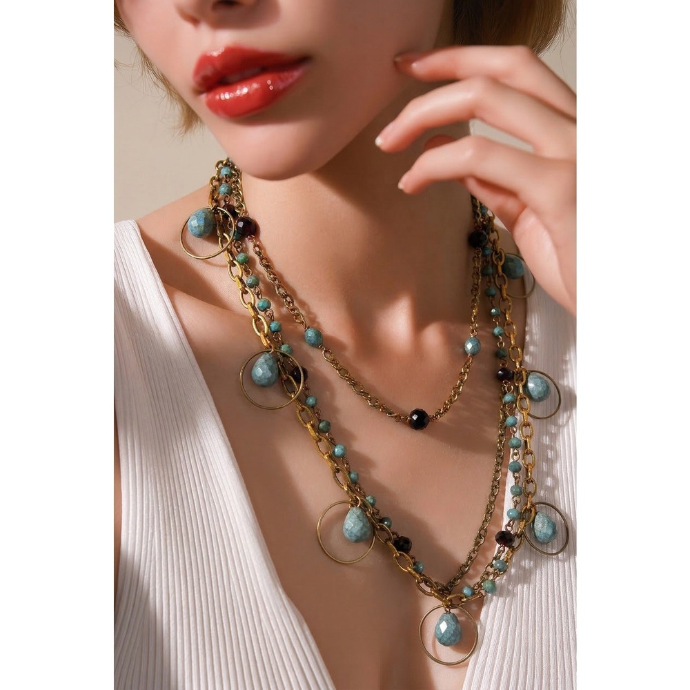 Joan Rivers Turquoise & Amber Triple Strand Gold Tone Statement Necklace